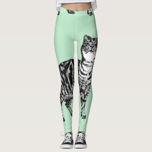 Leggings Tabby Cat Cool Animal Légendes noires et vertes à