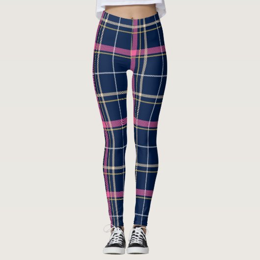 Leggings Tartan bleu de la marine avec bande rose (Devant)