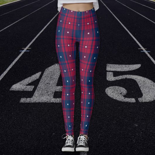 Leggings Tartan - Patriotique - Bleu Rouge Étoiles Blanches