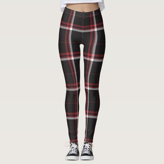 Leggings Tartan Plaid Motif rouge noir blanc rayé (Devant)