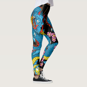 Leggings Tatouage de dragon en fleurs de cerisier bleu en n