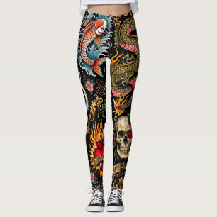 Leggings Tatouage japonais noir -,Carpe Koï Dragon Crâne Ro