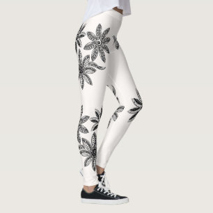 Leggings Tatouage polynésien Floral Noir Blanc Ligne Art