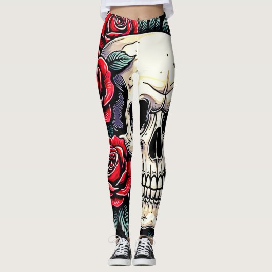 Leggings Tatouage Rose du crâne (Devant)
