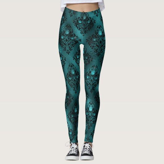 Leggings Teal ombre Glam Glitter Damask (Devant)