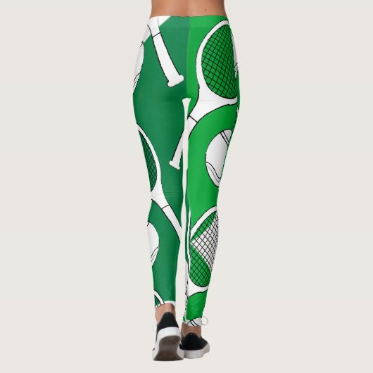 Leggings Tennis ball et raquette noir blanc sur cour verte  (Dos)