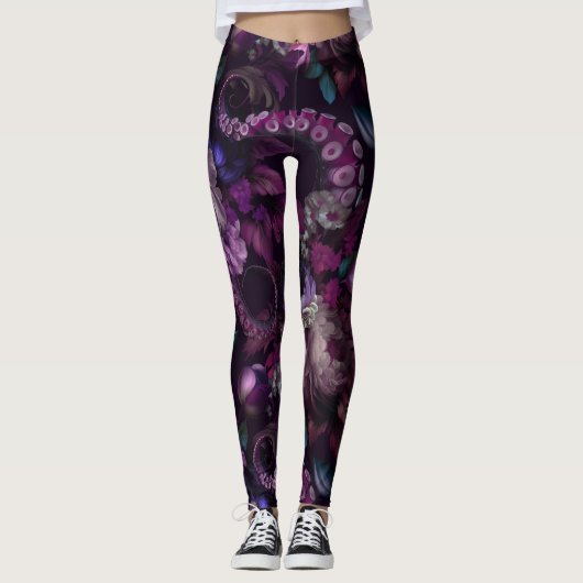 Leggings Tentacle Gothique Rose Foncé Avec Fleurs (Devant)