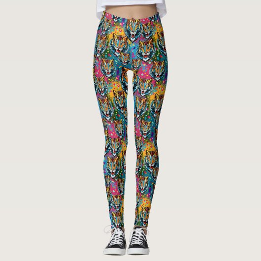 Leggings Tête de tigre couleurs arc-en-ciel peinture taches (Devant)