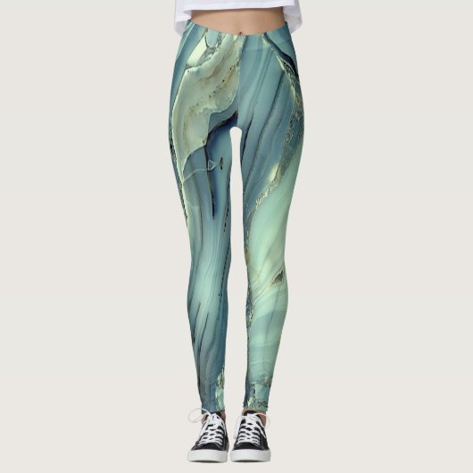 Leggings Texture de Marbre Bleu Féminin Tendance (Devant)