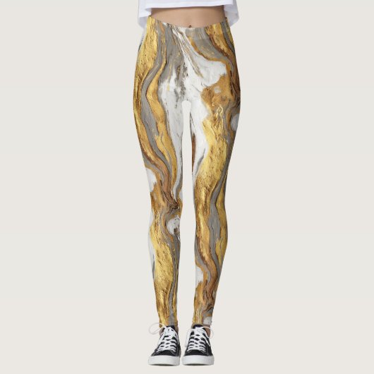 Leggings Texture de marbre gris abstrait avec or fluide (Devant)