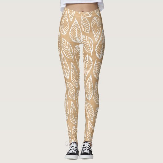 Leggings Texture en bois rustique avec Motif Feuille blanc (Devant)