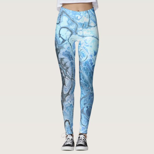 Leggings Texture fluide de marbre bleu et gris abstrait (Devant)
