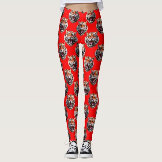 Leggings Tiger Head Pattern Design Red (Devant)