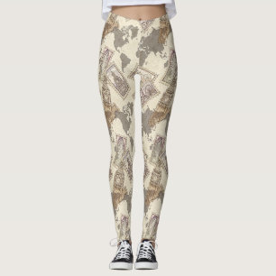 Leggings Timbre de voyage vintage sépia avec carte du monde