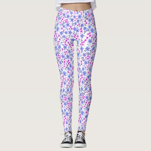 Leggings Tiny cute white blue pink floral pattern (Devant)