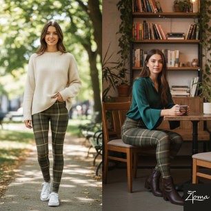 Leggings Tissu Tartan à Carreaux Carrés Kaki Foncé