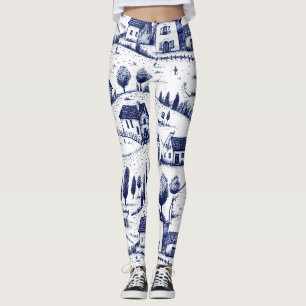 Leggings Toile Bleue Vintage - Arbres Architecture Pastoral