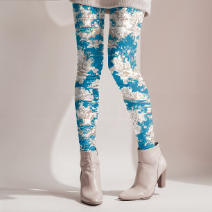 Leggings Toile de Jouy monogramme bleu turquoise vintage