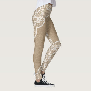 Leggings Toile de jute naturelle et dentelle blanche