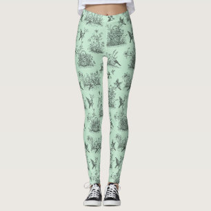 Leggings Toile pastorale vert menthe avec oiseaux et fleurs