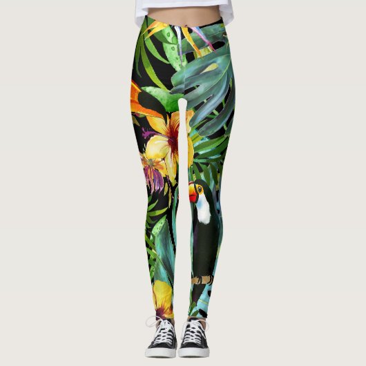 Leggings Toucan floral de palmettes tropicales de verdure (Devant)