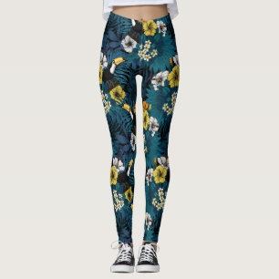 Leggings Toucans et flore tropicale, bleu, jaune, orange