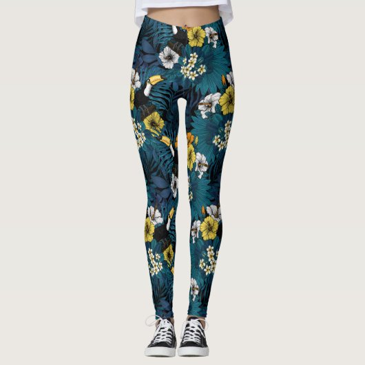 Leggings Toucans et flore tropicale, bleu, jaune, orange (Devant)