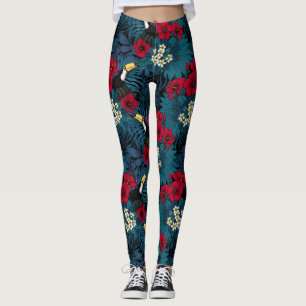 Leggings Toucans et flore tropicale, verte et rouge