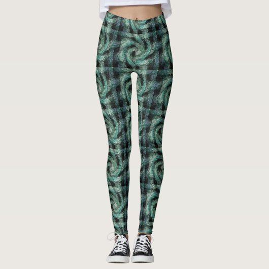 Leggings Tourbillon abstrait vert et noir (Devant)