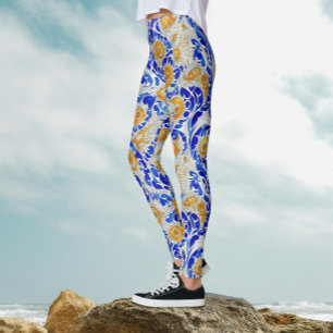Leggings Tournure bleu jaune tournesol arabesque aquarelle