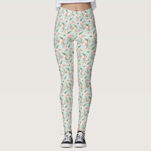 Leggings Tout-Sur-Imprimés en fleurs d'arbre rose (Devant)