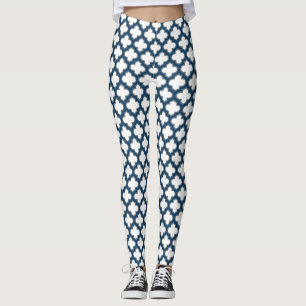 Leggings Trellis bleu blanc et marine, treillis, Quatrefoil
