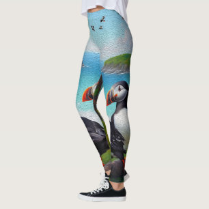 Leggings Trio côtier : Trois Macareux sur la Plage en Huile