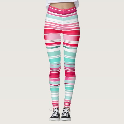 Leggings Tripe d'aquarelle moderne Preppy Cyan Magenta (Devant)