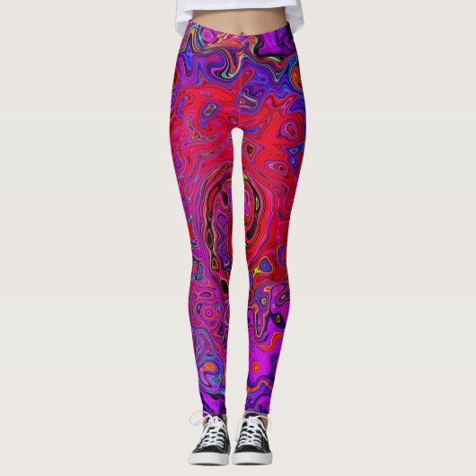 Leggings Trippy Red et violet Abstrait Retro Liquid Swirl (Devant)