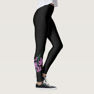 Leggings Trois fleurs violettes ~ Arrière - plan noir ~ Uni