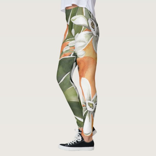 Leggings Tropcal Orange & Flowers Watercolor Pattern (Gauche)