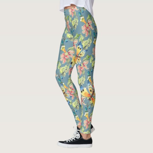 Leggings Tropical Blue Butterfly Exotic Flower Motif (Gauche)