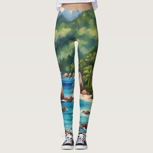 Leggings Tropical Green and Blue Seychelles Beach (Devant)