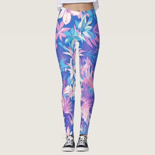 Leggings 🌺 Tropical Pink & Blue Floral Pattern - Fresh & V (Devant)