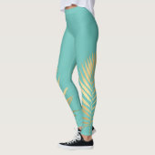 Leggings Tropical Shimmer Gold Palm Feuilles doux Aqua bleu (Gauche)