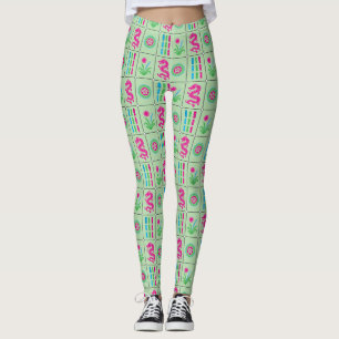 Leggings Tuiles de Mahjong LG #4 Rose Vert Capri Bleu Lt Ve