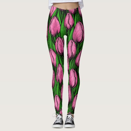 Leggings Tulières roses avec feuilles verts (Devant)