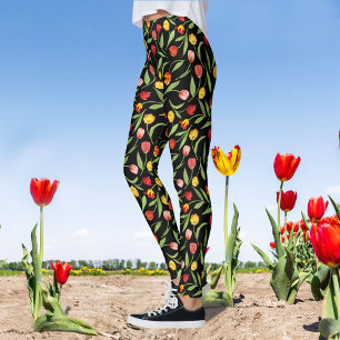 Leggings Tulipes de printemps rouges et jaunes Floral noir