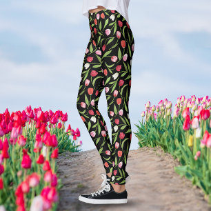 Leggings Tulipes de printemps rouges et roses Floral aquare