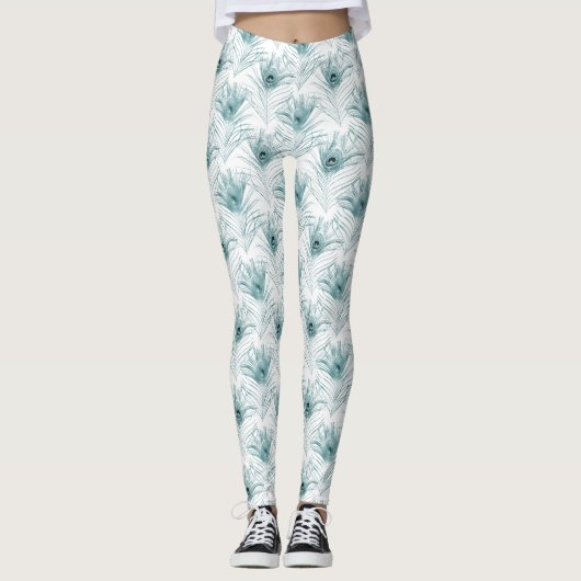 Leggings Turquoise Blanc Glitzy Glam Peacock Plumes (Devant)
