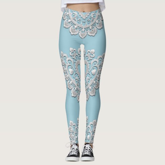 Leggings Turquoise Bleu Blanc dentelle Coeur Mariage (Devant)