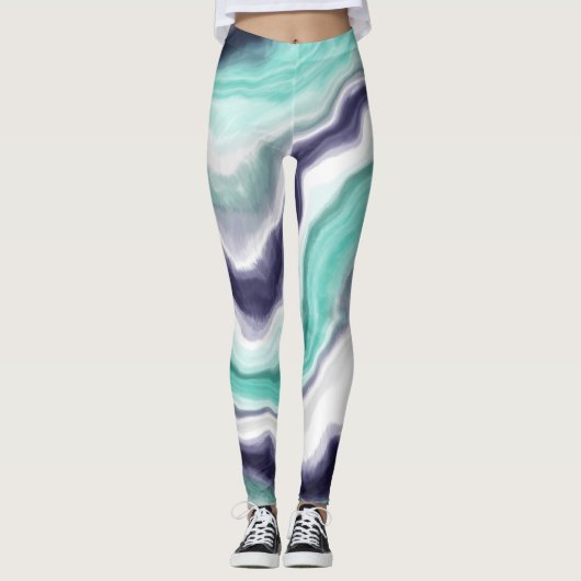Leggings Turquoise, Bleu et Marbre blanc (Devant)