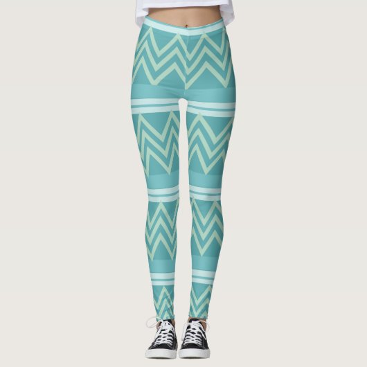 Leggings Turquoise bleu vert géométrique Chevron Motif (Devant)