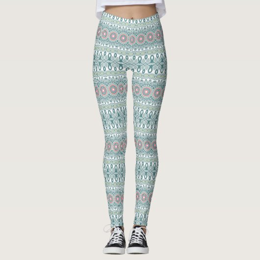Leggings Turquoise et Coral Mandala Motif Design (Devant)